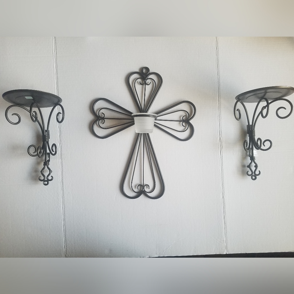PartyLite Antique Brass Cross and 2 Sconces